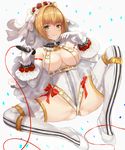  ahoge belt blonde_hair blush bow breasts bridal_veil chain cleavage commentary_request confetti detached_collar detached_sleeves fate/extra fate/extra_ccc fate/grand_order fate_(series) flower full_body gloves green_eyes hair_intakes high_heels highres holding holding_microphone jirusu joint_recital large_breasts legs leotard lock looking_at_viewer microphone nero_claudius_(bride)_(fate) nero_claudius_(fate)_(all) padlock red_bow red_flower red_rose revealing_clothes revision rose shoes short_hair sitting smile solo spread_legs thighhighs thighs underboob veil white_background white_footwear white_gloves white_legwear white_sleeves 