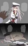  1girl abuse admiral_(kantai_collection) anal anal_beads anal_object_insertion anchor anger_vein bad_id bad_pixiv_id barefoot belt black_gloves black_skirt breasts cleavage cnm dildo dogeza gangut_(kantai_collection) gloves grey_hair hat hetero highres humiliation instant_loss_2koma jacket kantai_collection long_hair long_sleeves medium_breasts nipples nude object_insertion orange_eyes peaked_cap pleated_skirt red_shirt scar shaded_face shirt skirt solo_focus speech_bubble stepped_on translated vaginal vaginal_object_insertion white_jacket 