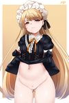  ass_visible_through_thighs black_dress black_gloves blonde_hair bottomless bow censored closed_mouth cowboy_shot cross cross_earrings dress dress_lift earrings frilled_hairband frills girls_frontline gloves hairband highres jewelry long_hair looking_at_viewer mapar navel orange_background orange_bow ppk_(girls_frontline) pussy solo white_hairband yellow_eyes 