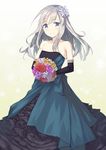  apo_(apos2721) bangs bare_shoulders black_dress black_gloves blue_eyes bouquet bow collarbone commentary_request dress elbow_gloves eyebrows_visible_through_hair flower formal gloves hair_between_eyes hair_bow highres kantai_collection long_hair looking_at_viewer silver_hair smile solo standing strapless strapless_dress teeth u-511_(kantai_collection) white_background 