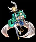  1girl alternate_costume armlet breasts dress gloves green_eyes green_hair high_heel_boots horn large_breasts league_of_legends lipstick long_hair short_dress solo soraka star_guardian_soraka thigh_boots very_long_hair wand white_gloves wings 