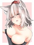  animal_ears bare_shoulders breasts cleavage collarbone hat highres inubashiri_momiji kz_oji large_breasts looking_at_viewer pink_background red_eyes smile solo tokin_hat touhou two-tone_background white_hair wolf_ears 