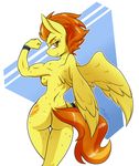  2017 absurd_res amber_eyes ambris anthro anthrofied areola breasts butt cutie_mark dock equine eyelashes feathered_wings feathers female flexing friendship_is_magic hair half-closed_eyes hi_res mammal multicolored_hair multicolored_tail muscular muscular_female my_little_pony nipples pegasus rear_view short_hair small_waist smile solo spitfire_(mlp) sweat sweatband two_tone_hair wings wonderbolts_(mlp) yellow_feathers 