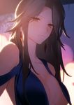  akiyoshi_haru backlighting bangs bare_shoulders blue_dress breasts brown_eyes brown_hair cleavage closed_mouth dress granblue_fantasy katalina_aryze long_hair looking_at_viewer medium_breasts parted_bangs sidelocks solo 