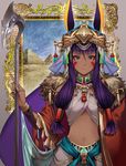  animal_ears artist_request bad_id bad_twitter_id bangs blunt_bangs bracelet cape chain closed_mouth desert detached_sleeves earrings egyptian egyptian_clothes facial_mark fate/grand_order fate_(series) frame fur_trim hair_between_eyes hair_ornament hair_tubes holding holding_staff hoop_earrings index_finger_raised jackal_ears jewelry long_hair looking_at_viewer navel nitocris_(fate/grand_order) purple_eyes purple_hair pyramid ring smile solo staff standing thumb_ring tiara turban upper_body very_long_hair 