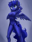  2014 anthro anthrofied blue_eyes blue_feathers blue_fur blue_hair breasts cutie_mark equine feathered_wings feathers female friendship_is_magic fur hair hi_res horn long_hair mammal my_little_pony navel nipples nude princess_luna_(mlp) qweeli solo winged_unicorn wings 