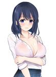  1girl black_hair blue_eyes blue_hair blush bra breast_hold breasts cleavage collarbone female highres koi_to_uso large_breasts looking_at_viewer red_bra see-through shirt simple_background skirt solo standing sweat takasaki_misaki_(koi_to_uso) upper_body white_background white_shirt yoico 