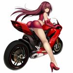  alternate_costume ass bangs bare_legs breasts closed_mouth crotch_seam eyebrows eyebrows_visible_through_hair fate/grand_order fate_(series) floating_hair from_behind full_body gloves ground_vehicle high_heels jirusu large_breasts leaning_forward long_hair looking_at_viewer looking_back midriff miniskirt motor_vehicle motorcycle on_motorcycle panties pantyshot pink_lips purple_hair race_queen red_eyes red_footwear red_gloves red_skirt riding scathach_(fate)_(all) scathach_(fate/grand_order) shoes simple_background skirt sleeveless solo underwear upskirt white_background white_panties 