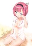  absurdres blue_eyes breasts cleavage collarbone commentary_request hair_ribbon hairband highres medium_breasts mochizuki_momiji naked_shirt navel new_game! no_bra open_clothes open_shirt pajamas pink_hair racchi. ribbon rubbing_eyes shirt short_hair sitting solo 
