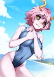  absurdres ashido_mina beach black_sclera blush boku_no_hero_academia covered_navel cowboy_shot day highleg highleg_swimsuit highres horns looking_at_viewer one-piece_swimsuit open_mouth outdoors pink_hair pink_skin short_hair signature solo swimsuit wavy_mouth x-boy yellow_eyes 