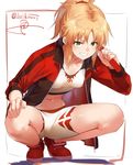  :d bangs blonde_hair breasts eyebrows_visible_through_hair fate/apocrypha fate_(series) full_body green_eyes grin hand_on_own_knee highres holding isshiki_(ffmania7) jacket knees_apart_feet_together leaning_forward long_hair long_sleeves looking_at_viewer mordred_(fate) mordred_(fate)_(all) navel open_clothes open_jacket open_mouth parted_bangs ponytail red_footwear red_jacket shoes shorts sidelocks signature sketch small_breasts smile solo stomach teeth twitter_username unzipped v-shaped_eyebrows white_background white_shorts 