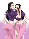  2girls ass back black_hair blue_eyes curvy hips leather_vest long_hair looking_back multiple_girls navel nico_robin one_piece skirt standing stomach sunglasses sunglasses_on_head together 