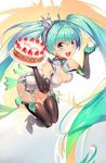  :d ahoge aqua_eyes aqua_hair ass black_gloves black_legwear breasts cake cleavage duan_henglong elbow_gloves food fruit gloves goodsmile_company goodsmile_racing happy_birthday hatsune_miku high_heels highres long_hair looking_at_viewer medium_breasts necktie open_mouth race_queen racing_miku racing_miku_(2013) revision smile solo strawberry thighhighs twintails very_long_hair vocaloid 