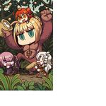  artoria_pendragon_(all) blonde_hair blush_stickers chibi chinese_zodiac fate/grand_order fate_(series) food frown fruit fujimaru_ritsuka_(female) gorilla_costume green_eyes holding holding_shield kine leaf long_hair looking_at_another mallet mash_kyrielight mochi multiple_girls official_art olga_marie_animusphere open_mouth orange orange_eyes orange_hair orange_tree purple_eyes purple_hair riyo_(lyomsnpmp) saber shield short_hair sweat tree wagashi year_of_the_monkey 