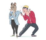 angry anthro bojack_horseman clothed clothing duo eyes_closed female footwear hat high_heels human jewelry male mammal mia_mckibben mouse necklace pen rodent shoes simple_background todd_chavez yeahbeezii 