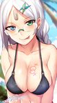  :p absurdres bandaid bandaid_on_forehead bare_shoulders bikini_top black_bikini_top blue_eyes blurry blurry_background blush bodypaint braid breasts cleavage collarbone commentary_request dated day glasses green_eyes heterochromia highres implied_yuri large_breasts long_hair looking_at_viewer original outdoors parted_lips rimless_eyewear signature silver_hair single_braid sketch smile solo sweat tongue tongue_out tsurime upper_body venus_symbol x-boy 