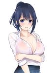  1girl black_hair blue_eyes blue_hair blush bra breast_hold breasts cleavage collarbone female highres koi_to_uso large_breasts looking_at_viewer ponytail red_bra see-through shirt short_hair short_ponytail simple_background skirt solo standing sweat takasaki_misaki_(koi_to_uso) upper_body white_background white_shirt yoico 