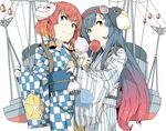  blue_hair bow braid candy_apple character_mask cotton_candy eating etorofu_(kantai_collection) failure_penguin food food_on_face fox_mask gradient_hair hair_bow hairband japanese_clothes kantai_collection kimono kinchaku lantern long_hair mask mask_on_head matsuwa_(kantai_collection) multicolored_hair multiple_girls ninimo_nimo paper_lantern pouch red_hair rigging short_hair summer_festival twin_braids white_background yellow_eyes yukata 