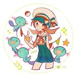  1girl alternate_costume arm_behind_back artist_name auko black_eyes bow breasts brown_hair collarbone denim english full_body hand_up happy hat hat_bow jumping kotone_(pokemon) legs_apart looking_to_the_side looking_up mouth_hold multicolored_eyes neckerchief open_mouth orange_eyes overalls plaid pokeball pokemon pokemon_(creature) pokemon_gsc pokemon_hgss red_eyes red_neckerchief sailor_collar shirt signature simple_background sleeveless sleeveless_shirt small_breasts smile standing star tail text tied_hair white_background white_hat white_sailor_collar white_shirt wooper yellow_eyes 