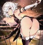  ass bad_anatomy bandaged_arm bandages bangs bare_shoulders black_legwear black_panties breasts dagger fate/apocrypha fate_(series) highres holding holding_weapon jack_the_ripper_(fate/apocrypha) looking_at_viewer outdoors panties short_hair shoulder_tattoo small_breasts solo tattoo thighhighs underwear venomrobo weapon white_background yellow_eyes 