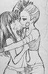  age_difference asymmetrical_hair atobesakunolove bandaged_arm bandages bandaid bandaid_on_face breasts casual collarbone couple d.va_(overwatch) drawstring earrings eye_contact eyebrows_visible_through_hair facepaint facial_mark graphite_(medium) greyscale hug jewelry long_hair looking_at_another midriff mole mole_under_eye monochrome multiple_girls overwatch pants shirt simple_background sketch sleeveless sleeveless_shirt small_breasts smile sombra_(overwatch) stud_earrings tank_top tears traditional_media undercut whisker_markings white_background yuri 