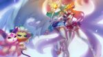  ahri angel_wings animal_ears ass familiar fox_ears fox_girl fox_tail full_body green_eyes green_hair highres horns hug league_of_legends long_hair looking_at_viewer looking_back magical_girl multiple_girls orange_hair purple_eyes skirt soraka staff star_guardian_ahri star_guardian_soraka tail thighhighs wings zettai_ryouiki 