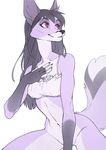  5_fingers anthro bottomless canine clothed clothing female fox grey_hair hair mammal pink_eyes simple_background smile solo wildering 