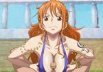  1girl bare_arms bare_shoulders blue_dress bracelet breast_squeeze breasts censored cleavage clothed_female_nude_male collarbone dress earrings highres jewelry kyabakurabakufu large_breasts legs long_hair looking_at_viewer lots_of_jewelry lying matching_hair/eyes mosaic_censoring nami_(one_piece) one_piece orange_eyes orange_hair paizuri penis pov shiny shiny_skin sleeveless smile solo_focus sweat tattoo thighs 