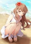  bangs bare_legs beach blush brown_eyes brown_hair collarbone commentary_request day dress flower hair_flower hair_ornament hands_on_own_knees hazuki_natsu hibiscus legs long_hair love_live! love_live!_school_idol_project minami_kotori outdoors sand_writing sandals solo squatting sundress swept_bangs thighs water white_dress 