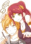  1girl bare_shoulders blonde_hair blouse blue_eyes blush breasts commentary_request forehead_protector green_eyes hand_on_another's_head jaune_arc jewelry medium_breasts moai_(moai_world) necklace pen ponytail pyrrha_nikos red_hair ring rwby smile thought_bubble 