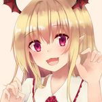  :d beige_background blonde_hair blush eyebrows_visible_through_hair fangs granblue_fantasy head_wings long_hair looking_at_viewer nikitan_(niki) open_mouth pink_eyes pointy_ears simple_background smile solo upper_body vampy 