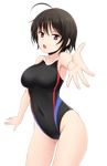  black_hair black_swimsuit commentary_request competition_swimsuit covered_navel cowboy_shot foreshortening fuuma_nagi highres looking_at_viewer multicolored multicolored_clothes multicolored_swimsuit one-piece_swimsuit original red_eyes short_hair solo swimsuit transparent_background 