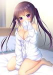  bangs bare_legs bare_shoulders barefoot bed bed_frame bedroom between_legs blurry blurry_background blush breasts buttons cleavage collarbone commentary_request covering_mouth curtains depth_of_field eyebrows_visible_through_hair full_body gochuumon_wa_usagi_desu_ka? hair_ornament hairclip hand_up head_tilt indoors long_hair long_sleeves looking_at_viewer medium_breasts naked_shirt no_pants off_shoulder oversized_clothes pillow purple_eyes purple_hair seiza shibainu_niki shiny shiny_hair shiny_skin shirt sitting sleeves_past_wrists solo tedeza_rize translated twintails white_shirt 