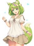  :d animal_ear_fluff animal_ears bangs blunt_bangs blush bow breasts bug butterfly commentary_request cowboy_shot eyebrows_visible_through_hair fox_ears fox_girl fox_tail grass green_eyes green_hair hair_bow head_wreath insect looking_at_viewer medium_breasts neck_ribbon open_mouth original pleated_skirt ribbon sasaame school_uniform serafuku short_sleeves simple_background skirt smile solo standing tail white_background wristband 