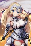  bare_shoulders black_gloves blonde_hair blue_eyes blush breasts cisyo closed_mouth fate/apocrypha fate_(series) gloves headpiece highres jeanne_d'arc_(fate) jeanne_d'arc_(fate)_(all) large_breasts long_hair looking_at_viewer polearm smile solo sword weapon 