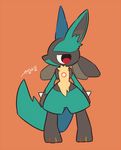  animal_ears artist_name auko feet full_body legs_apart looking_to_the_side lucario no_humans paws pokemon pokemon_(creature) pokemon_dppt red_background red_eyes signature simple_background solo standing tail text wolf_ears 
