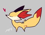  animal_ears artist_name auko eyes_closed fennekin fox_ears fox_tail from_side full_body furry grey_background heart no_humans pokemon pokemon_(creature) pokemon_xy signature simple_background smile solo standing tail text 
