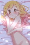  absurdres aikatsu!_(series) aikatsu_stars! bangs bed bed_sheet blonde_hair blush breasts brown_eyes covering covering_breasts from_above groin highres long_hair looking_at_viewer lying navel nijino_yume nude on_back on_bed sekina small_breasts solo sweatdrop upper_body wavy_mouth 