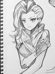  asymmetrical_hair atobesakunolove breasts commentary_request earrings fingerless_gloves fingernails gloves graphite_(medium) greyscale jacket jewelry looking_at_viewer medium_breasts mole mole_under_eye monochrome overwatch photo sketch sketchbook solo sombra_(overwatch) stud_earrings traditional_media undercut upper_body 