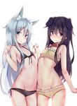  3: akatsuki_(kantai_collection) animal_ears ass_visible_through_thighs bandeau bare_shoulders belly_to_belly bikini black_bikini blue_eyes blue_hair blush breasts cat_ears collar commentary cowboy_shot dog_ears extra_ears eyebrows_visible_through_hair frill_trim front-tie_bikini front-tie_top groin hair_between_eyes hibiki_(kantai_collection) highres holding_hands interlocked_fingers kantai_collection kemonomimi_mode kure_(kure_ng) long_hair looking_at_viewer lowleg lowleg_bikini multiple_girls navel nose_blush parted_lips paw_pose purple_eyes purple_hair side-tie_bikini sidelocks simple_background small_breasts swimsuit very_long_hair white_background yellow_bikini 