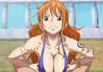  1girl bare_arms bare_shoulders blue_dress bracelet breast_squeeze breasts brown_eyes cleavage clothed_female_nude_male dress earrings highres jewelry kyabakurabakufu large_breasts legs long_hair looking_at_viewer lots_of_jewelry lying matching_hair/eyes nami_(one_piece) one_piece orange_eyes orange_hair paizuri pov shiny shiny_skin ship sleeveless smile solo_focus sweat tattoo thighs 