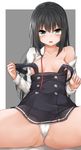  asashio_(kantai_collection) black_hair blue_eyes blush breasts cameltoe collarbone dress highres kantai_collection long_hair long_sleeves mizushina_minato panties pinafore_dress remodel_(kantai_collection) sketch small_breasts solo spread_legs underwear undressing white_panties 