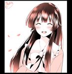 :3 ^_^ artist_name blush bow closed_eyes commentary_request dress highres hime_cut houraisan_kaguya long_hair mana_(tsurubeji) monochrome open_mouth petals signature simple_background sketch smile solo touhou translation_request white_background 