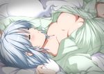  alternate_costume arms_up bed_sheet blush breasts buttons cleavage closed_eyes commentary eyelashes ghost head_tilt highres konpaku_youmu konpaku_youmu_(ghost) long_sleeves lying medium_breasts navel no_hairband nori_tamago on_back pajamas partially_unbuttoned shiny shiny_hair shiny_skin short_hair silver_hair sleeping solo touhou upper_body 
