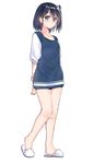  arm_grab arms_behind_back bare_legs black_hair blue_eyes blush commentary_request contrapposto dress eyebrows_visible_through_hair full_body hair_between_eyes looking_at_viewer one_side_up original shiny shiny_hair shirt short_dress short_hair simple_background slippers solo standing suzunari_shizuku white_background yuki_arare 