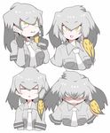  :d =_= bangs clenched_hands commentary_request expressions eyebrows_visible_through_hair glaring grey_hair grey_shirt head_wings hifumitaka kemono_friends looking_at_viewer low_ponytail multicolored_hair necktie open_mouth shaded_face shirt shoebill_(kemono_friends) short_sleeves side_ponytail smile tears triangle_mouth yellow_eyes 