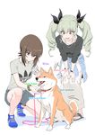  adidas anchovy animal brown_hair casual commentary contemporary dog doge drill_hair english girls_und_panzer green_hair highres ladic leash long_skirt meme multiple_girls nishizumi_maho shiba_inu shirt shorts skirt t-shirt twin_drills 