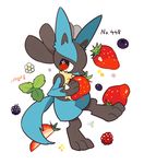  animal_ears artist_name auko berry blackberry blueberry english feet flower food fruit full_body furry hand_up leaf legs_apart looking_to_the_side lucario no_humans paws pokemon pokemon_(creature) pokemon_dppt red_eyes signature simple_background smile solo strawberry tail text white_background white_flower wolf_ears 