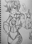  atobesakunolove bomber_jacket breasts cowboy_shot goggles graphite_(medium) greyscale hand_on_hip harness index_finger_raised jacket looking_at_viewer medium_breasts monochrome open_mouth overwatch photo pointing pointing_up short_hair simple_background sketch sketchbook solo spiked_hair talking tracer_(overwatch) traditional_media translation_request vambraces white_background 