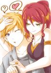  1girl ;o ? bare_shoulders blonde_hair blouse blue_eyes blush breasts forehead_protector green_eyes half-closed_eyes hand_on_another's_head heart hetero imminent_kiss jaune_arc jewelry medium_breasts moai_(moai_world) necklace one_eye_closed open_mouth pen ponytail pyrrha_nikos red_hair ring rwby seductive_smile smile spoken_heart thought_bubble 